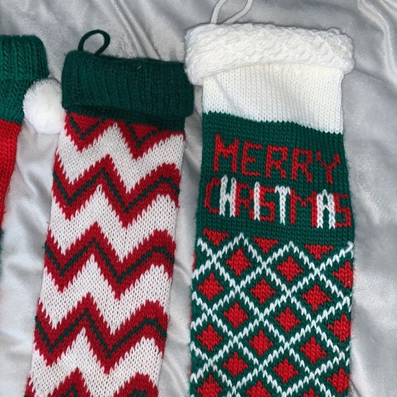 Vintage long knit Christmas stockings red green family set matching pom pom - Picture 2 of 7